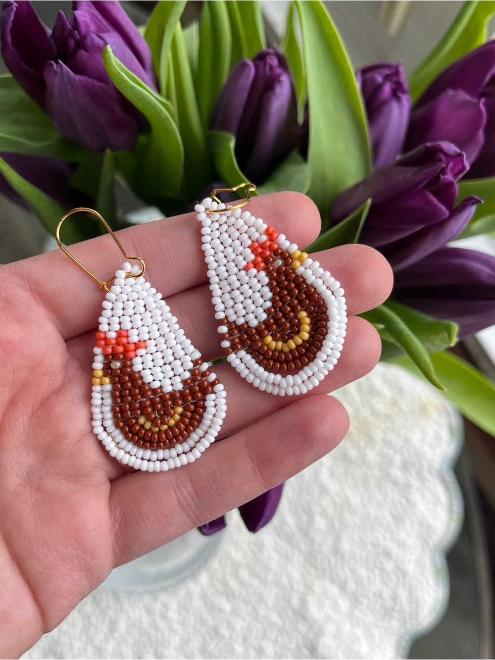 Chicken Beaded Teardrop Earrings - White & Brown